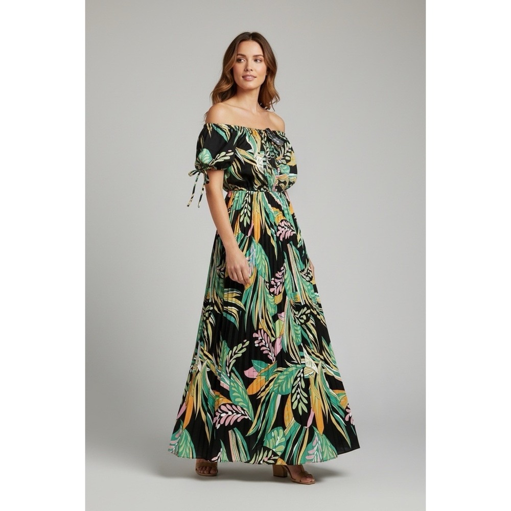 Nali Collection Silk Blend Maxi Dress S/M Black Tropical Floral Off Shoulder NWT